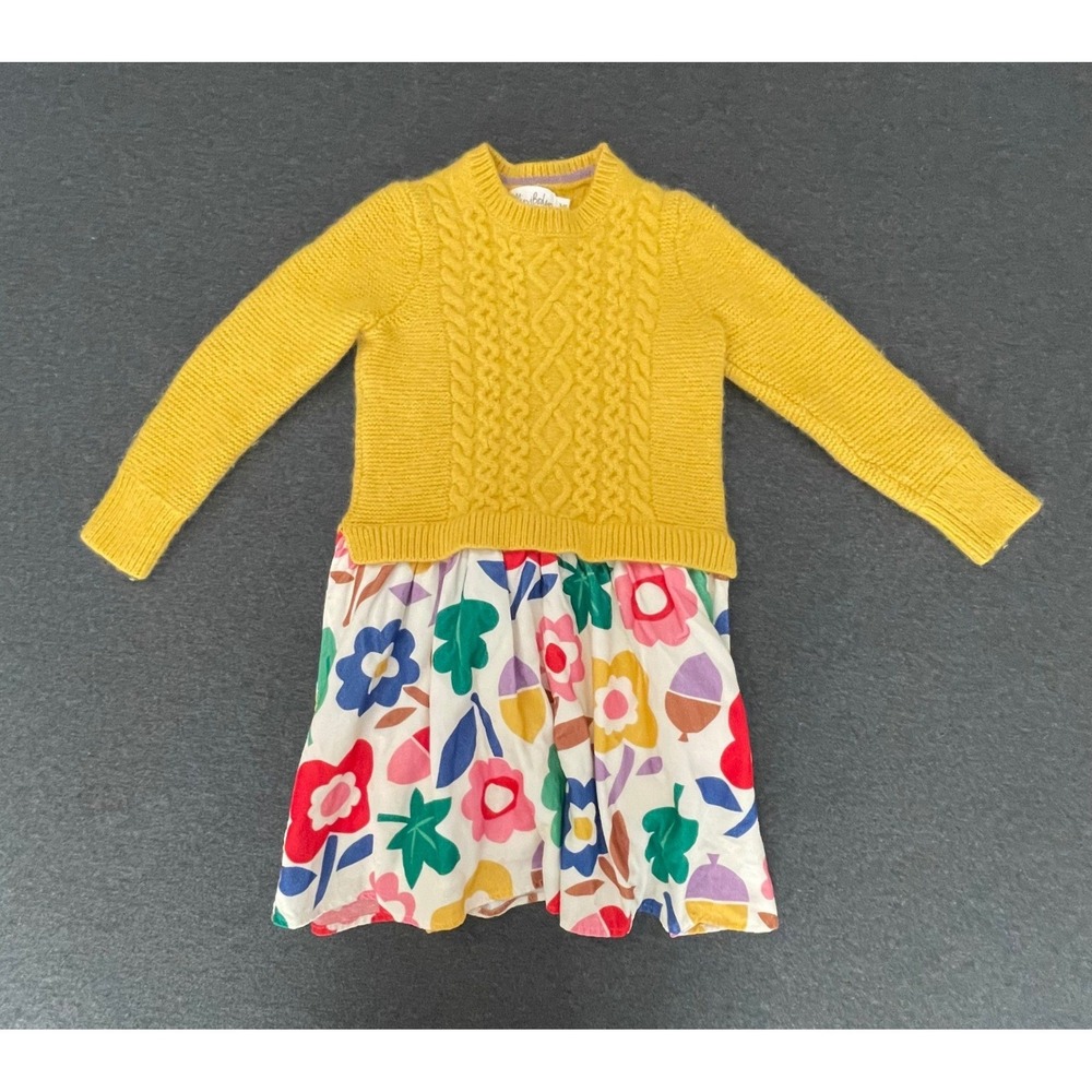 Mini‎ Boden Girls Mustard Yellow Cable Knit Floral Corduroy 2-in-1 Dress 5-6Y